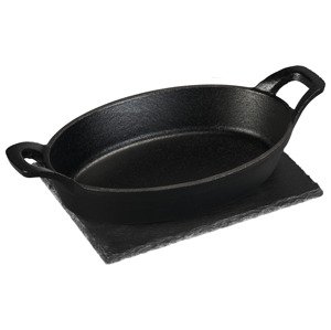 Grillmeister Litinová servírovací pánev s břidlicovou deskou / Lis na hamburgery / Lis na maso (mini pánev oválná)