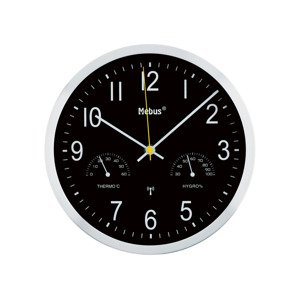 MEBUS Rádiem řízené nástěnné hodiny s teploměrem a vlhkoměrem (černá)